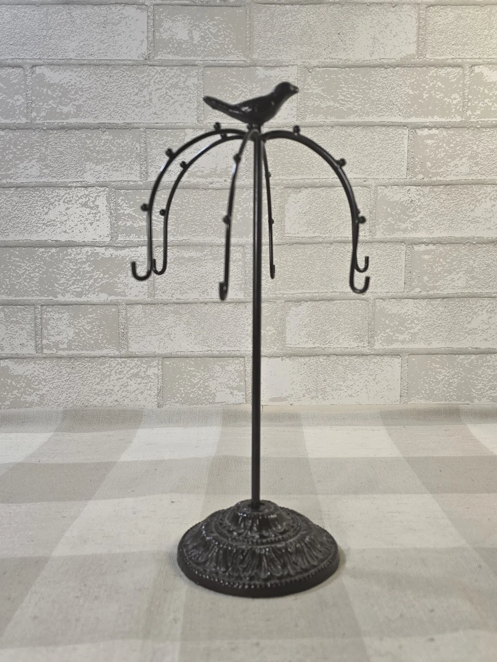 Metal w/ Cast Iron Base Bird/Tree Jewelry Stand Necklace Organizer 12.5” Tall